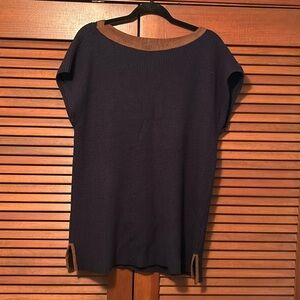 Lauren Ralph Lauren Wool Blend Navy Sleeveless Sweater Faux Suede Brown Trim XL